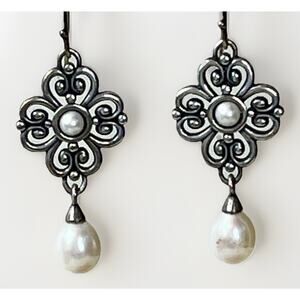 James Avery Retired Sterling Silver Cross of Adoration Pearl Dangle Earrings